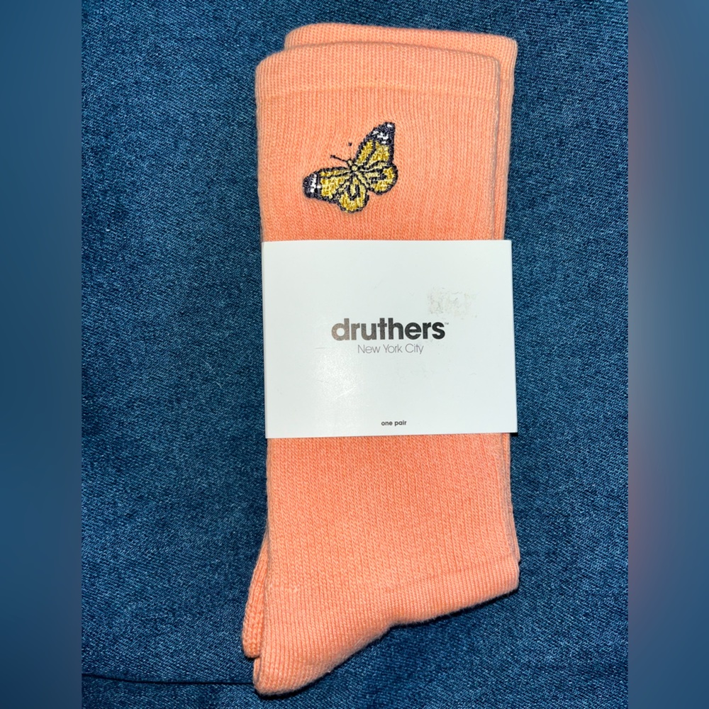 Urban Outfitters x Druthers Pastel Orange Butterfly Crew Socks OS NWT